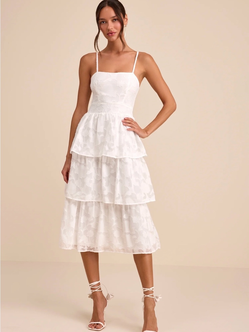Lulus Grace and Beauty White Burnout Floral Print Tiered Dress